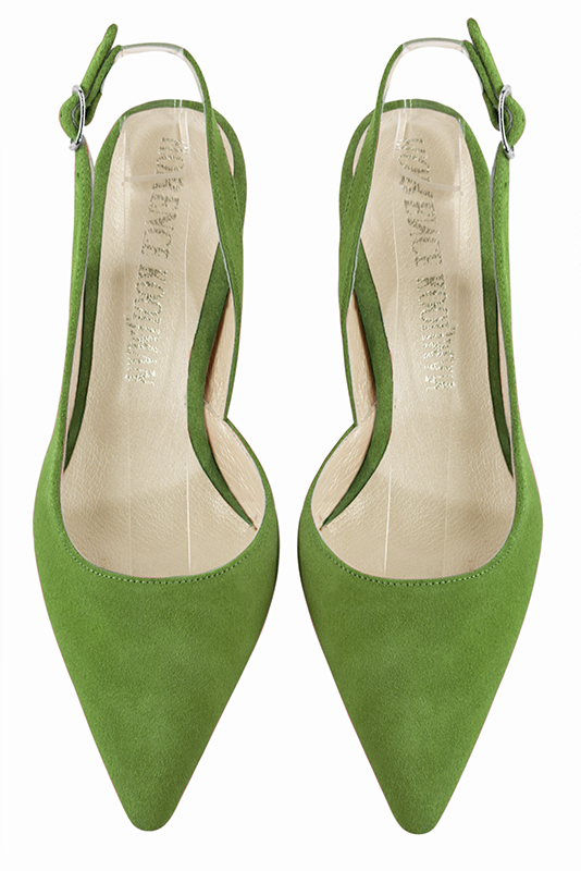 Grass green women's slingback shoes. Pointed toe. Medium flare heels. Top view - Florence KOOIJMAN